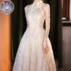 新品 未使用 オシャレなデザインのビジューにスパンコール付き ロングドレス