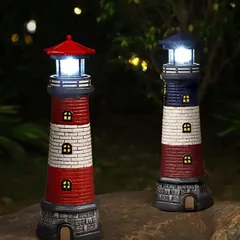 赤と白の灯台型オブジェソーラーライトハウス、屋外庭園装飾、ヤードランドスケープライト、庭の像装飾、芝生ライト、クラフト装飾、回転LEDライトカップ、内蔵充電池