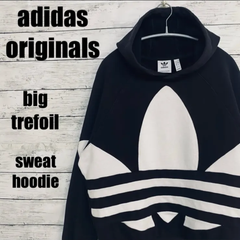 アディダス オリジナルス adidas originals スウェット パーカー フーディー hoodie メンズ Mサイズ 黒 白 ブラック ホワイト バイカラー プルオーバー デカロゴ トレフォイル ユニセックス ストリート