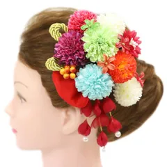 髪飾り 成人式 赤 振袖 前撮り 袴 花 2点セット 白 ピンク オフホワイト 緑 黄緑 赤紫 ゴールド オレンジ リボン ちりめん 組 No.12-0016