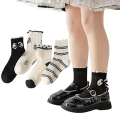 【新品】 [ANNGEBALY] キッズ靴下 女の子 ソックス 4足セット ガールズ 夏用 可愛い リボンウボン ソックス 子供用靴下 メッシュ 通気 フォーマル服用 ボーダー 通園 通学 綿 (JP, アルファベット, XL, リボン 黒)