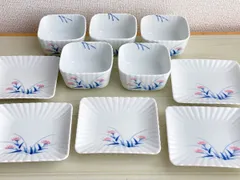 【TK192】陶器　盛山 印　角小鉢＆角小皿 5客セット　和食器 小鉢 小皿 陶芸 骨董 食器 和皿