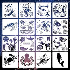 【在庫処分】Rolin Roly 海 海洋 生物 15 x 15 cm 製図用 16種類 16枚 テンプレート DIYスクラップ ステンシルシート 教育用 絵画 ホワイト DIYパターン画ボード (海洋生物 B)