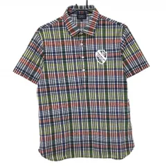 【美品】パーリーゲイツ 半袖ポロシャツ 白×ネイビー×オレンジ チェック 胸ロゴプリント メンズ 4(M) ゴルフウェア PEARLY GATES