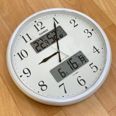 美品 CASIO カシオ 電波掛時計 パールシルバー ITM-660NJ カレンダー 湿度 温度 曜日