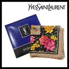 MU【YVES SAINT LAURENT】スカーフ SILK/シルク 絹 100% フラワー/花柄 ベージュ イエロー/黄色 ピンク 大判 YSL/イヴサンローラン (MU-1258)