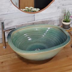信楽焼 手洗い鉢 洗面ボウル 陶器 幅60cm 大型サイズ 緑斑点角型(深)手洗い鉢 tr-4075
