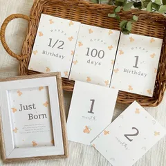 マンスリーカード　月齢カード　はがきサイズ　くま　星柄