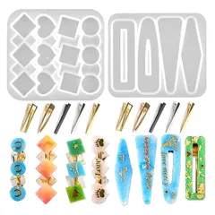 MAEXUS シリコンモールド ヘアクリップ ヘアピン【 2個セット 】6種類 長方形 三角形 丸 ハート 四角 金具クリップ10個付き ｕｖ レジン 型 エポキシ樹脂 ソフトモールド ハンドメイド DIY 樹脂 工芸品 作成 半透明 1