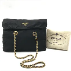 美品 PRADA プラダ 三角 ロゴ プレート ナイロン テスート キルティング チェーン ショルダー バッグ 鞄 カバン かばん ブラック a7560