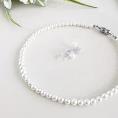 【2点Set】サージカルステンレス316(SUS)金具の6mm貝パールネックレスと樹脂クリップイヤリング