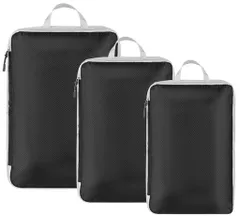 HomeFirst便利旅行用圧縮バッグ3点セットファスナー圧縮スペース節約トラベルポーチセット収納バッグ衣類仕分け出張多機能簡単圧縮軽量便利グッズ(ブラック)