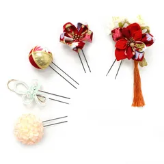 髪飾り ５点セット 橙色 成人式 花 つまみ細工 ちりめん 水引 和風 結婚式 浴衣 七五三 卒業式 入学式 ヘアアクセサリー 髪留め 日本製 バレンタイン クリスマス 誕生日 オレンジ 送料無料 W 48 323-266 u771　Si