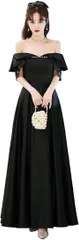 Ominefans ドレス パーティードレス フォーマル ロングドレス( 黒A-長,  M)