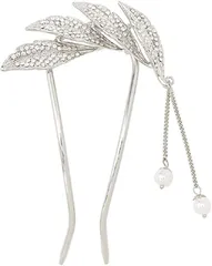 Miaomyao ミャオミャオ 簪 かんざし バチ型 二本足 和装 留袖 着物 髪飾り 金属 アンティーク リーフ フラワー 花 パール ジルコニア U字 コーム ヘアアクセサリー(シルバー,  小さめ)