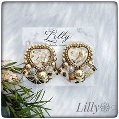 #658インド刺繍リボン/大ぶり/ハート/ゴールド/ビーズ刺繍/ハンドメイド