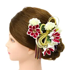 髪飾り 成人式 つまみ細工 赤 振袖 前撮り 袴 花 2点セット 白 マルチカラー ちりめん 剣つまみ 組紐 房 房付き かんざし 洋装 No.9-4998