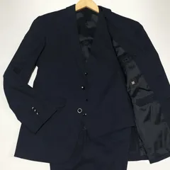 【美品】SUIT SELECT　3ピース スーツ セットアップ　AB5 М相当　バーズアイ　ネイビー　背抜き　ウール ポリエステル