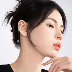 巻き蛇型ロングイヤークリップ ジルコンタッセルチェーンイヤリング イヤーカフ プラチナ 韓国