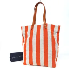 HR0071 美品 STEVE MONO スティーブモノ 肩掛け トートバッグ キャンバス×レザー ストライプ柄 ゴールド金具 ショッピングバッグ 縦型 鞄 オレンジ×グレー 保存袋付き