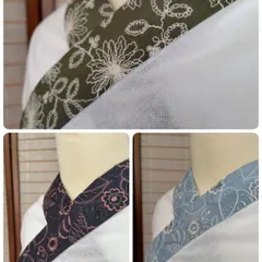【ハンドメイド　半襟　重ね衿　かけ襟 ３色】（グリーン×白） （水色×シルバー）（濃紺×ピンク） 刺繍綿レース お洒落 で上品 小紋