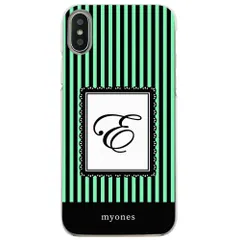 【新品未使用】iPhone11 Pro Max アイフォン11プロマックス クリア ハードケース ( ストライプグリーン  イニシャルE ) ボーダー ストライプ イニシャル アルファベット