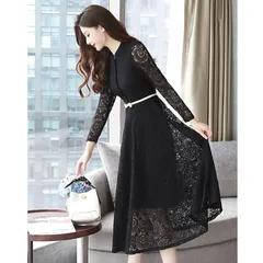 パーティードレス ロングドレス 袖あり 長袖 レース M 結婚式 二次会 新品 ブラック