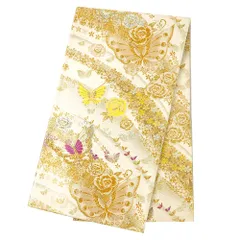 【中古】 袋帯 振袖用 リサイクル 正絹 金 ゴールド 蝶 蝶々 菊 流水 水 薔薇 バラ 花びら お花畑 唐織 金糸 銀糸 中古 かっこ No.6-1564