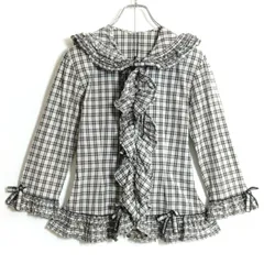 ワンダフルワールド カネコイサオ★たっぷりフリルのブラウス フード付き ベージュ×黒系 チェック柄 リボンも♪z13356