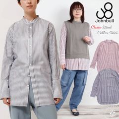 レディースシャツ ジョンブル Johnbull クラシック スタンドカラー ストライプ柄 シャツ 長袖シャツ ストライプシャツ スタンダードシャツ タイトシルエット スリット レイヤードスタイル リラックス感 トップス JOHN BULL