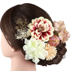 髪飾り 成人式 水引 振袖 前撮り 袴 花 7点セット 渋赤 臙脂 クリーム色 ピンク オフホワイト ゴールド カスミソウ 組紐 玉飾 No.12-0909