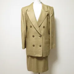 #anc レリアン Leilian スカートスーツ 9 ベージュ 茶 青 シルク混 キャメル混 ダブル チェック ドーメル生地 レディース [965466]