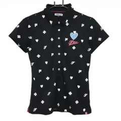 【超美品】フィラゴルフ 半袖ポロシャツ 黒×白 総柄 ワッペン レディース L ゴルフウェア FILA GOLF