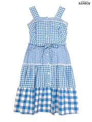 古着 リボン レース 前開き ギンガムチェック柄 コットン100％ ロング丈 キャミソール ティアード ワンピース 水色 青 (otu2504301)