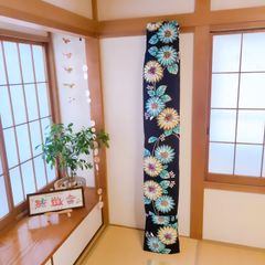 琴(箏)ゆたん　油単　カバー　紺地　黄色と水色の花柄