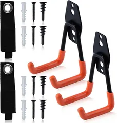 LEONTOOL 2個セット ガレージ収納 ユーティリティフック 車庫用フック ガレージ用フック ガレージフック ウォールマウント収納ハンガー 延長コードホルダーオーガナイザー 壁掛け 結束バンド(オレンジ,  120mm)