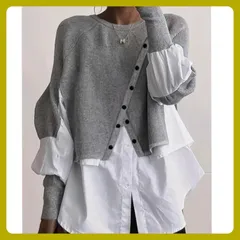 【送料無料・匿名配送】レディース 長袖 Tシャツ パネル長袖トップス プルオーバー切替 クルーネックアウター ドッキング 無地 きれいめ エレガント 体型カバー 着痩せ 重ね着風トップス グレーとホワイトのレイヤードトップス L〜5XL 春 秋 インポート