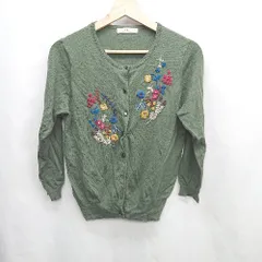 ◇ ⊇ コットン100% 花柄刺<!-利用不可文字-!>　ストレッチ素材 長袖 カーディガン サイズM グリーン レディース E  【1410100052172】