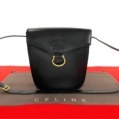 極 美品 CELINE セリーヌ ヴィンテージ ガンチーニ ロゴ 金具 カーフ レザー 本革 ショルダーバッグ ポシェット ブラック 58305