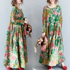 ワンピース ロング丈 マキシ丈 袖あり 長袖 フレア Aライン ハイウエスト かわいい 大人可愛い きれいめ シンプル カジュアル おしゃれ レトロ エスニック エキゾチック こなれ感 ラフ キュート ガーリー エレガント 存在感 とろみ感 抜け感 マタニティ
