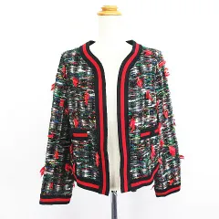 ランバンオンブルー LANVIN en Bleu ノーカラージャケット 長袖 ツイード 前開き フリンジ 38 ブラック系 ※EKMのサムネイル