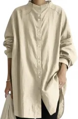 newNE ニューネ スタンドカラー シャツワンピース レディース 無地 チュニック カジュアル 春 秋 長袖レディース おおきい お洒落 韓国風 前開き(ベージュ,  XL)