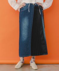 ISScoLar（イズスカラー）デニム×メッシュプリーツ切替 刺繍入りスカート　ブラック、ブルー　551241