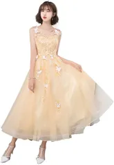 Ominefans 結婚式ドレス Vネック 演奏会用ドレス 花嫁ウェディングドレス カラードレス ステージドレス 声楽 コーラス 衣装 Aラインドレス( イエロー,  XS)