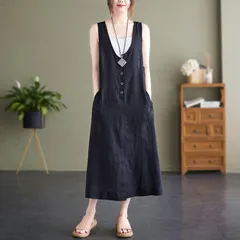 ジャンパースカート レディース 春夏 ジャンスカ Vネック ボタン ロング ワンピース ノースリーブ サイドポケット ミモレ丈 無地 プルオーバー きれいめ 着回し 綿 Aライン ベストワンピース 通勤 コーデ オフィス 仕事 vohd265