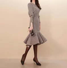 千鳥格子 マーメイドライン セットアップ 膝下 ミモレ ミモレ丈 袖あり 長袖 ボリューム袖 パフスリーブ ラウンドネック 襟なし マーメイド ウエストマーク ファスナー ハイウエスト 上下セット 2点セット ツーピース かわいい 大人可愛い きれいめ 大人 