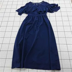 ◇ ⊂ プールヴー レース 切替 フリル 半袖 膝下丈 パーティードレス ワンピース サイズM ネイビー系 レディース E  【1509100075684】