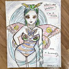 手描きイラスト 蛾ファッション女性  絵画  キャンバス  アート「蝶になれなかったからといってなんだというのだ？私は蛾だ。蛾で生きていく」」
