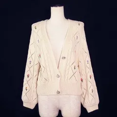 ザラ ZARA カーディガン ショート丈 透かし編み 刺繍 花 フラワー パールボタン コットン S 白 オフホワイト