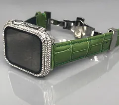 GimelZayinセット Pc　グリーン シルバー アップルウォッチ 高級レザー 本革ベルト クロコダイル  キラキラ　カバー　ケース   4～9 メンズ レディース 40mm 41mm 44mm 45mm Apple Watch バンド